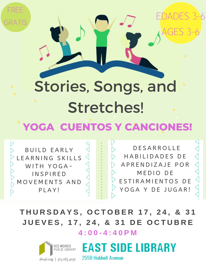 Image features cartoon figures in yoga poses, as well as event description in English and Spanish.
