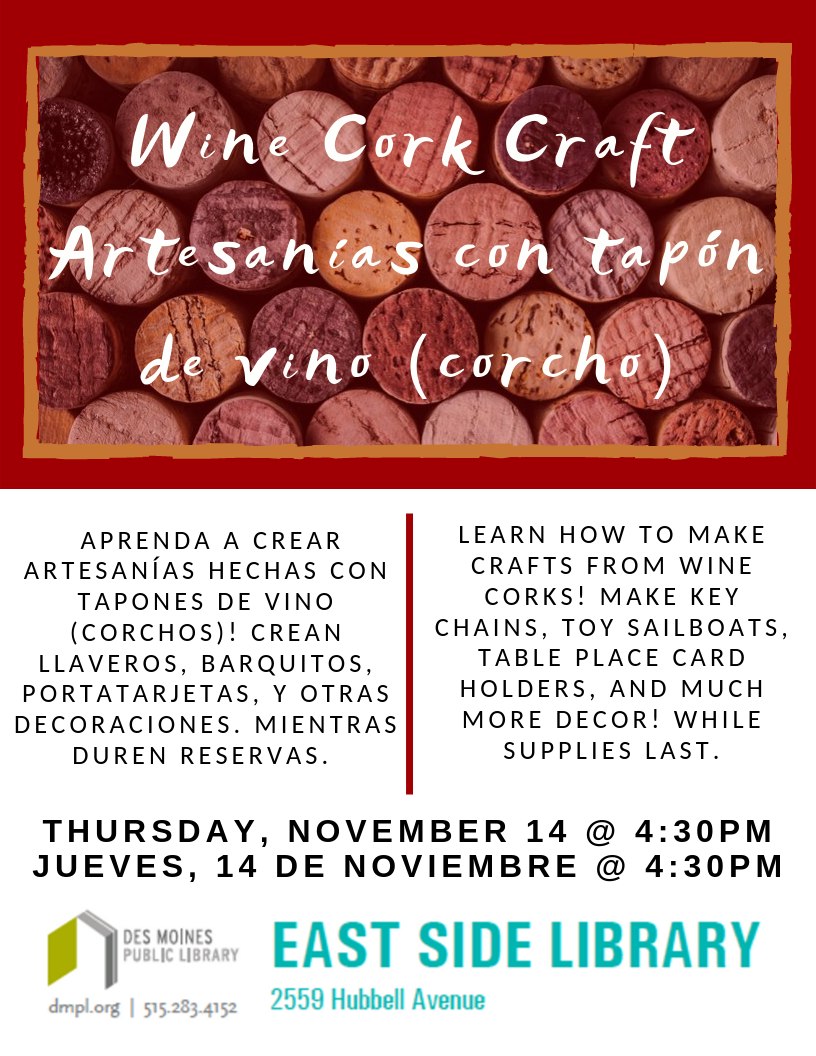 Image shows event flyer with bilingual (English/Spanish) event description, and the title "Wine Cork Craft" superimposed onto a faded image of corks.