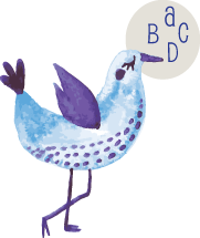 blue bird with a speech bubble that has letters in it
