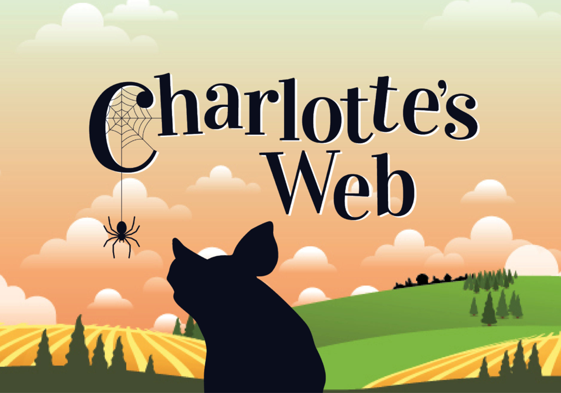 Logo for Charlotte's Web with rolling hills in the background and the silhouette of a pig and a spider