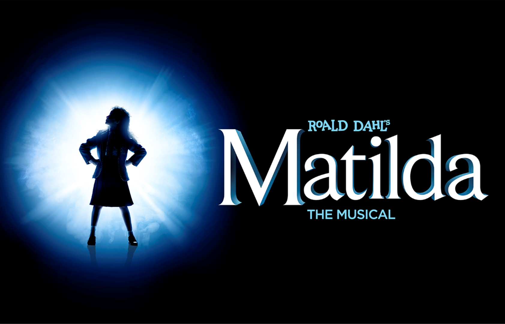 Logo for Roald Dahl's Matilda the Musical in white text on a black background featuring Matilda's silhouette