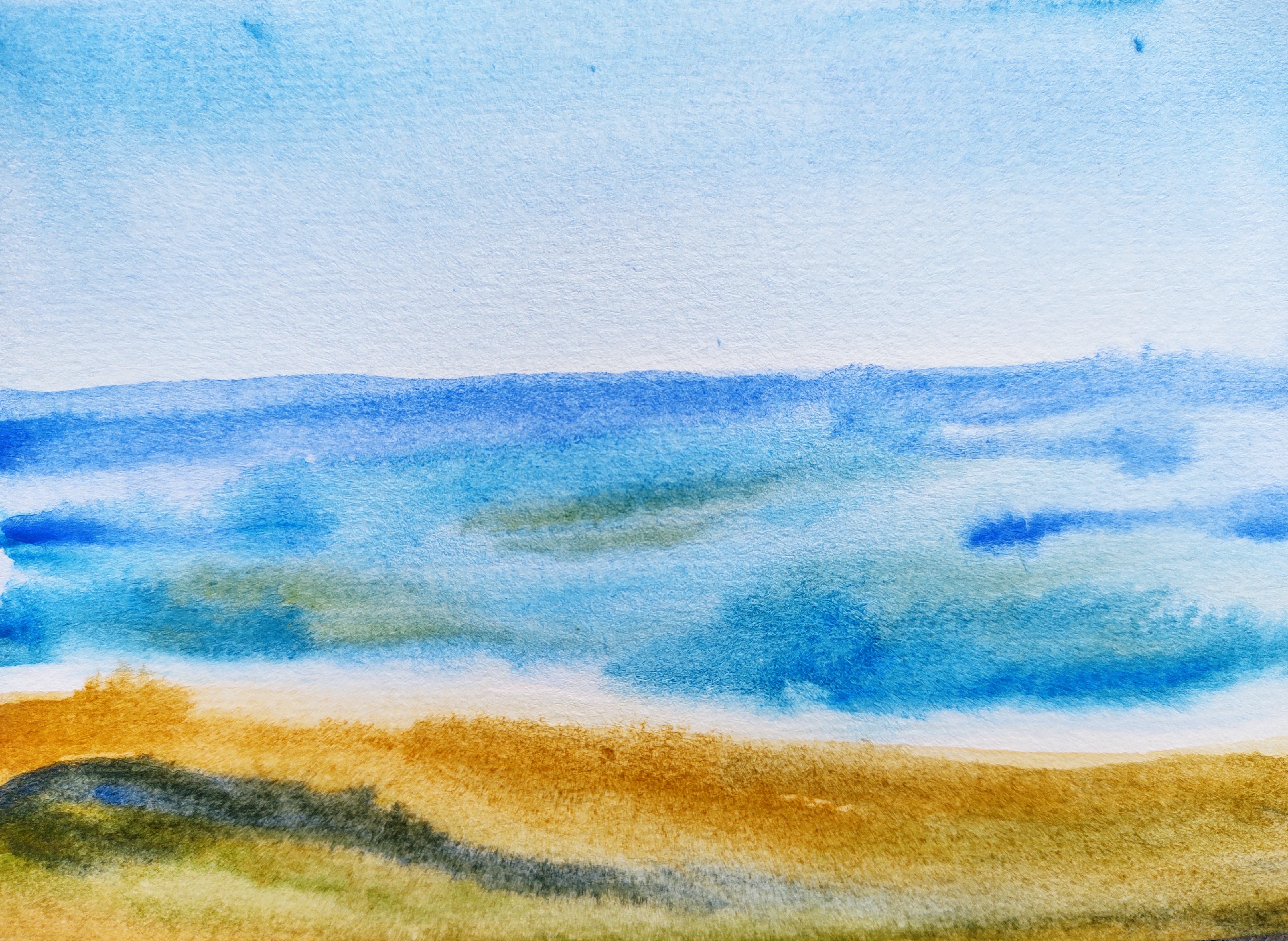 watercolor seascape scene with sand, waves and sky