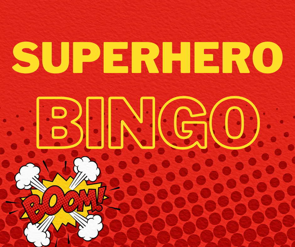 yellow text on a red background that says "Superhero Bingo"