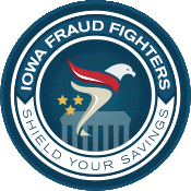 blue and white circle with iowa fraud fighters 