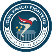 Logo with a stylized eagle and the text "Iowa Fraud Fighters: Shield Your Savings"