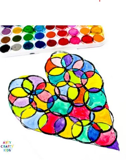 a photo of a multicolored heart made by tracing circles and coloring inside them