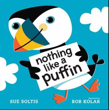 Book cover with a black and white bird with a striped beak against a blue sky. Bird is holding a sign with the title of the book on it.