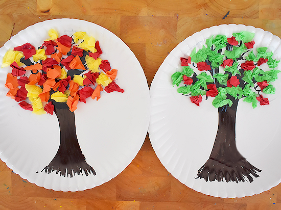 trees made with bits of tissue paper for leaves
