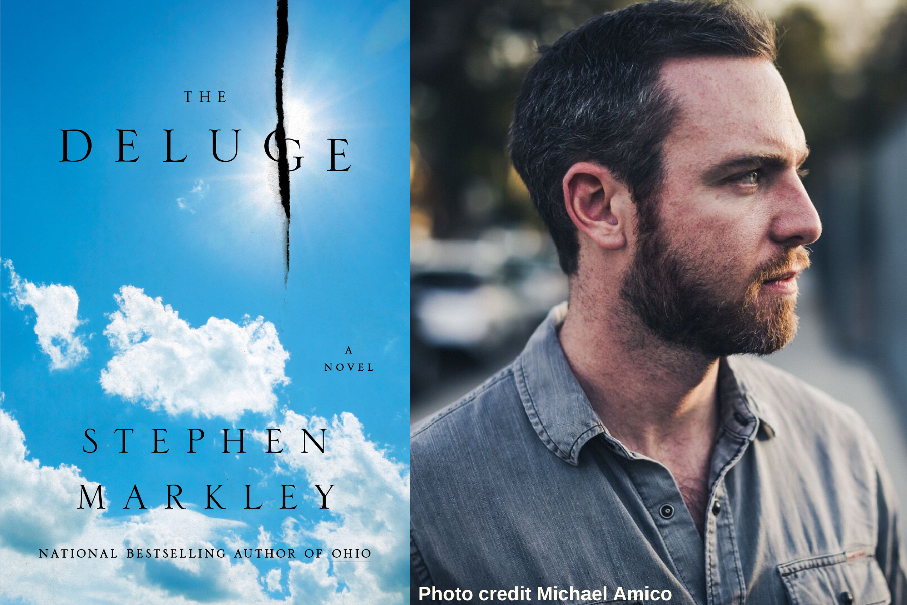 Deluge Book cover next to portrait of Stephen Markley by Michael Amico