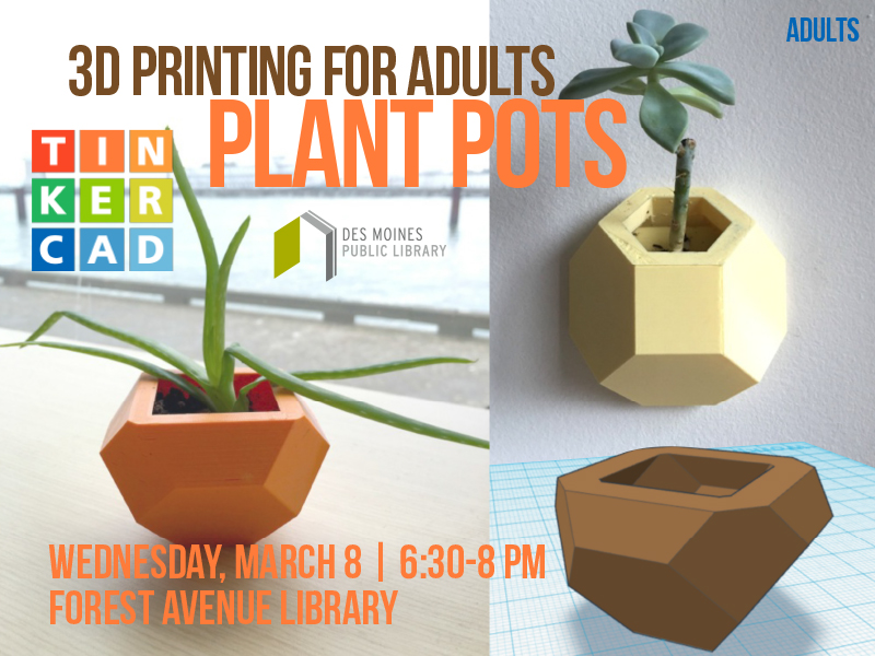 marketing slide with two 3D-printed plant pots and one mockup pot in TinkerCAD, along with the TinkerCAD logo and program title "3D printing for adults: plant pots"