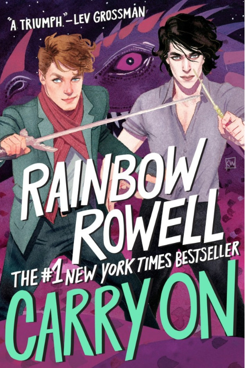 Image shows the cover art to Rainbow Rowell's Carry on. The image has two boys standing in front of a Dragon, ready for battle. 