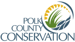 Polk County Conservation written in blue san serif font, with a circular styled image of  grass and water