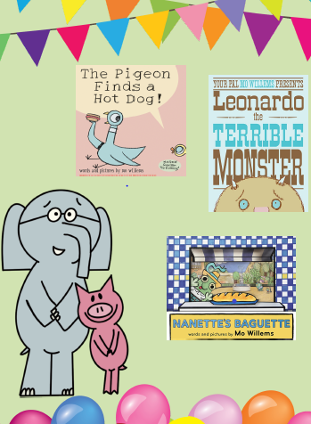 elephant and piggie with party decorations and 3 book covers