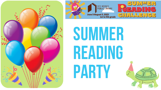 text that says Summer Reading Party with a turtle and balloons