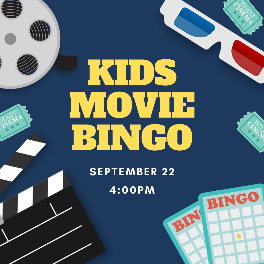 blue background with film canister, 3d glasses, and bingo card with words that say "Kids Movie Bingo"