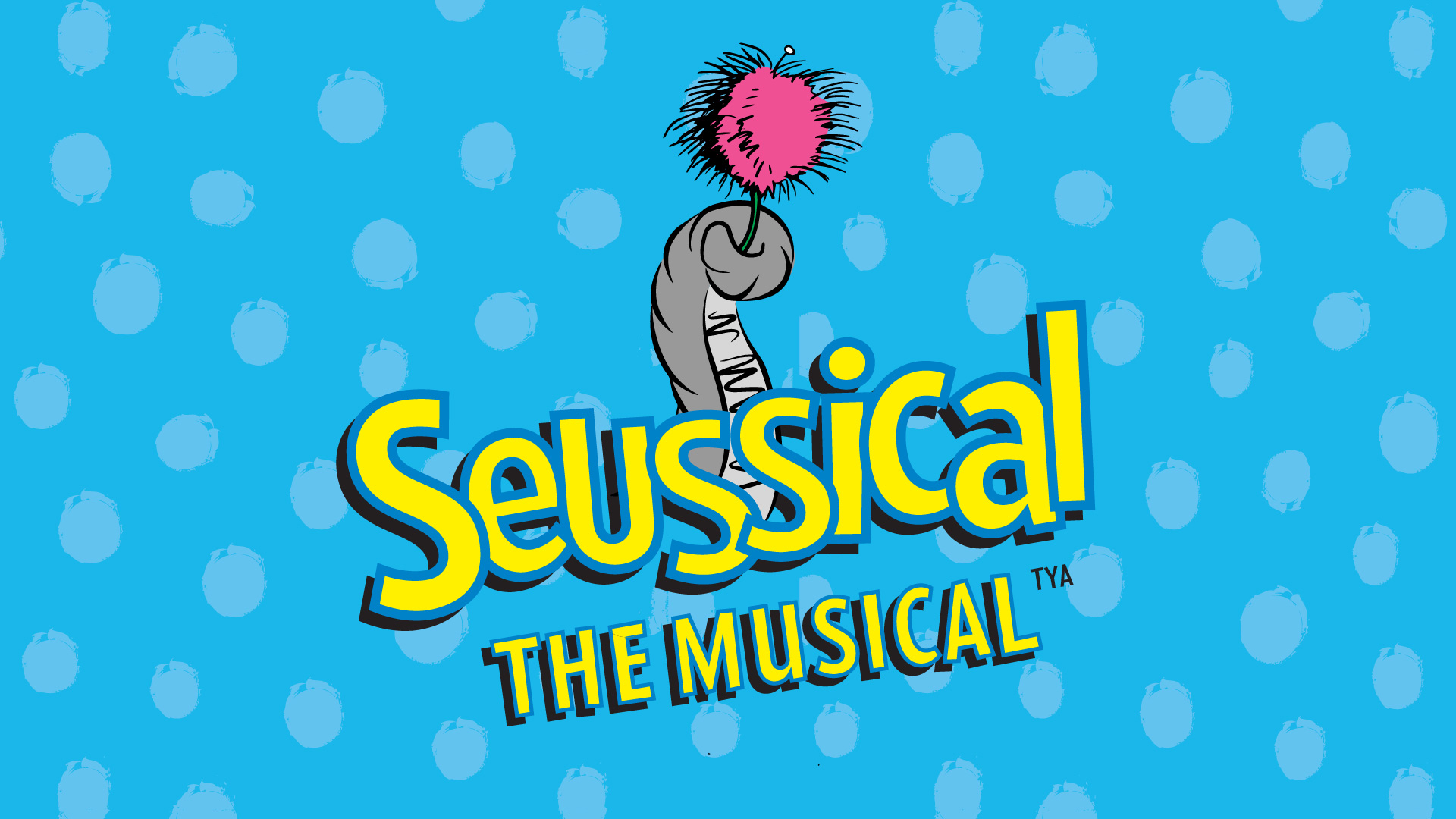Yellow text on a blue background that reads Seussical the muscial