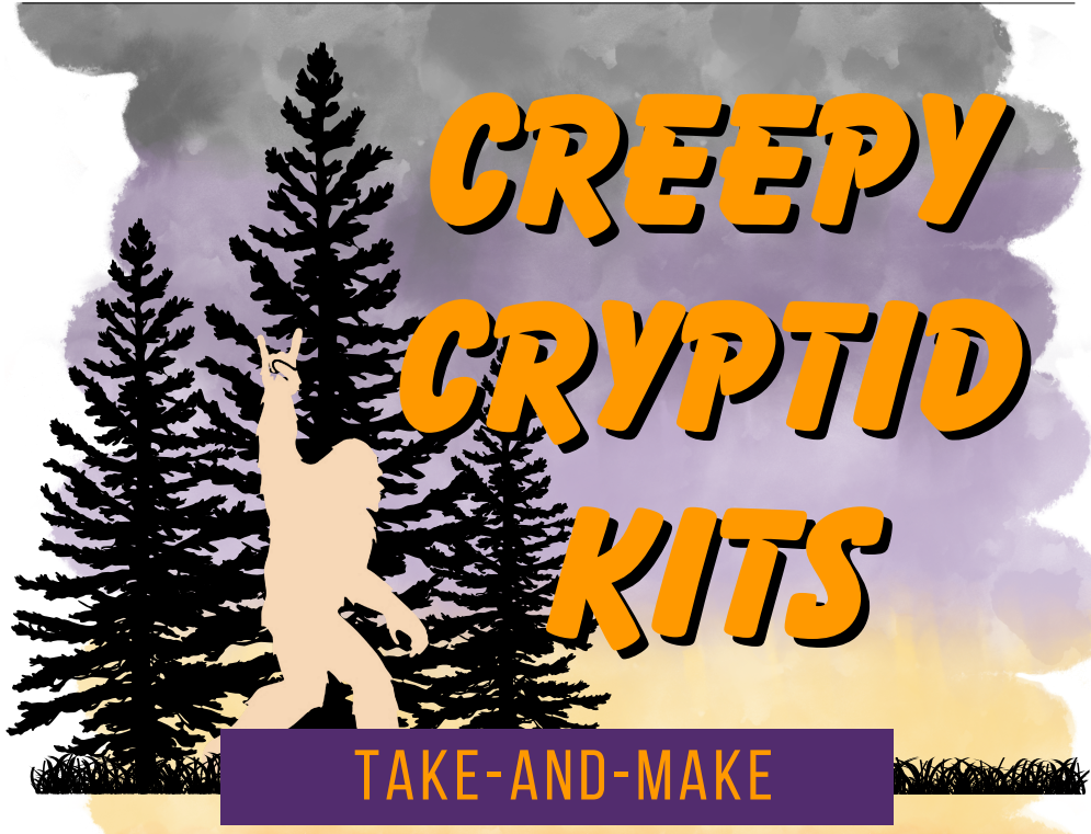 text reads "creepy cryptid kits" on top of gray and purple background with black trees and silhouette of sasquatch
