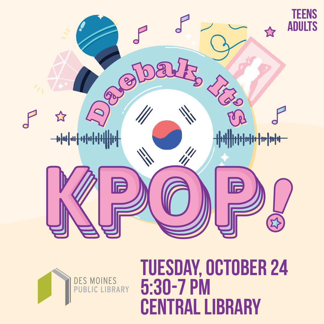 Library Announcement for K-pop program with title, date, time and location listed.