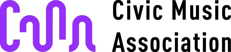 Logo is wavy purple lines beside the text reading Civic Music Association