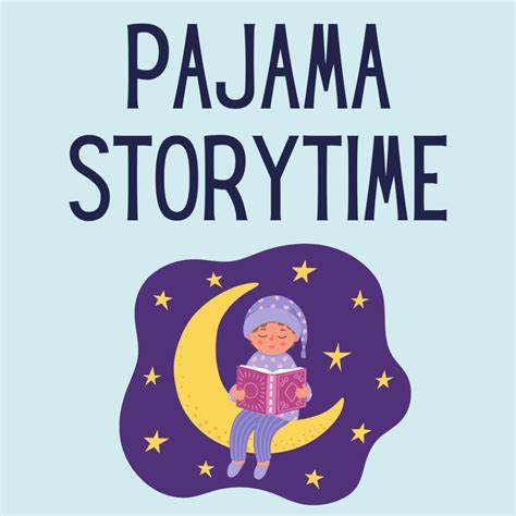 Child in pajamas sitting on a moon reading a book. Text reads: Pajama StoryTime