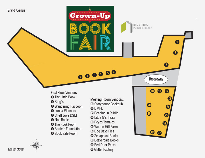 A map of Central Library numbered to indicate where vendors will be located during the Grown-Up Book Fair