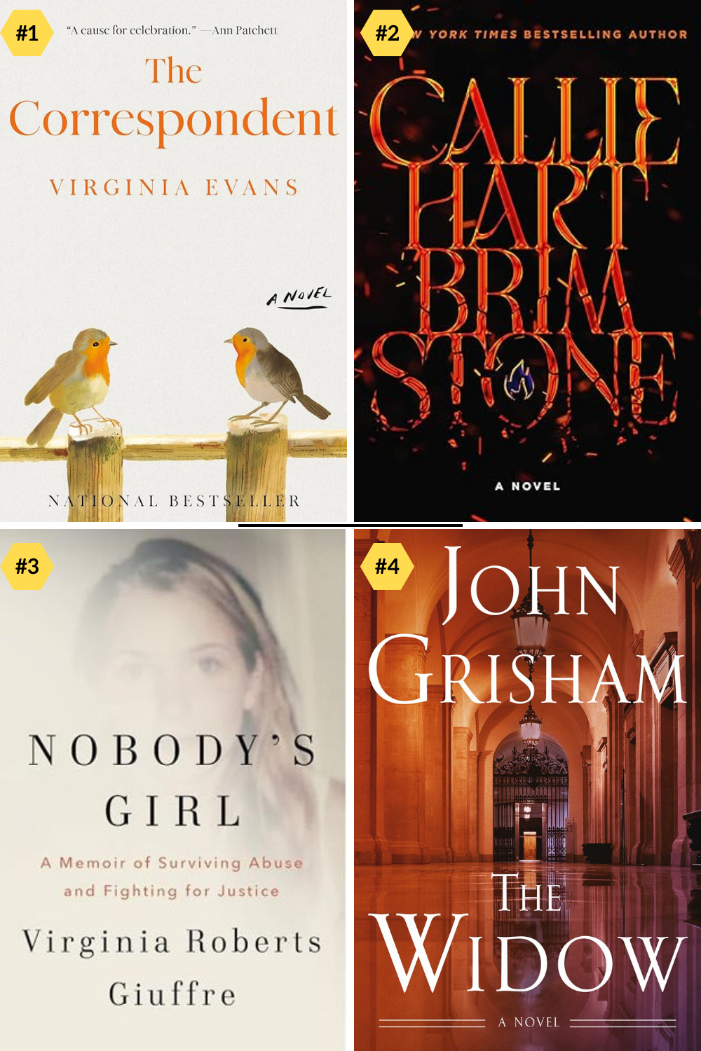 #1 the correspondent, #2 Brimstone, #3 Nobody's Girl. #4 The Widow