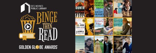 Binge Then Read: Book and movie covers side by side with a bucket of popcorn on top of a book