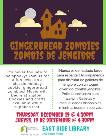 Image features a silhouette of a classic spooky Victorian house in a dark background with clouds and a moon, as well as a description of the event in English and in Spanish.