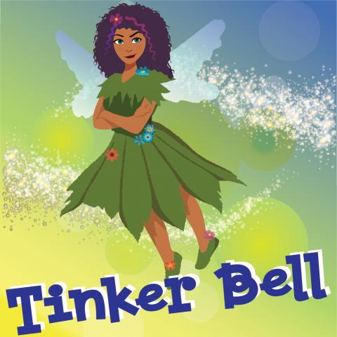 Logo for the Tinker Bell play with a fairy floating above