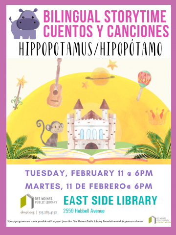 Image shows program poster with a hippopotamus and a colorful picture of an open story book with a monkey and a castle