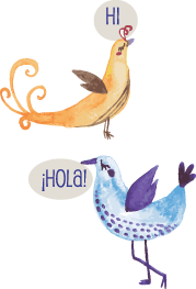 yellow bird and blue bird saying hi and hola