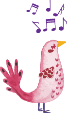 pink bird with music notes above