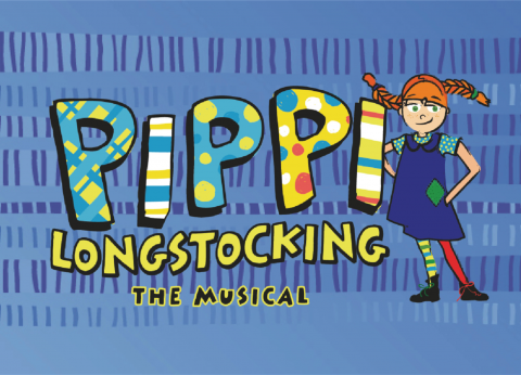 Colorful logo for Pippi Longstocking with a blue background and Pippi standing next to it