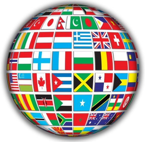 a globe covered with an assortment of world flags