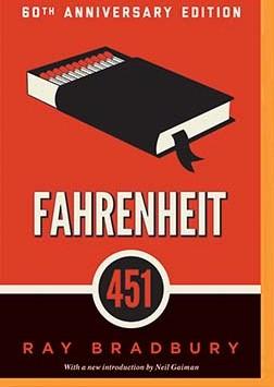 Red background with black book turned into box of matches displaying the title Fahrenheit 451