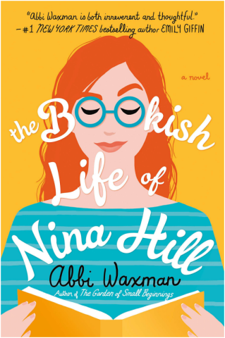 Cover of The Bookish Life of Nina Hill. A red haired woman with glasses reads a book. Her glasses double as the o's in "bookish".