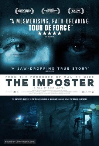 Graphic image of the poster for The Imposter
