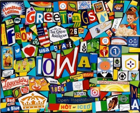 colorful collage of letters and images to represent the state of Iowa created from cereal boxes and other modern packaging 