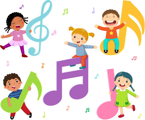 Image displayed is picture of animated, smiling children sitting on music notes. 