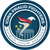 Logo with a stylized eagle and the text "Iowa Fraud Fighters: Shield Your Savings"