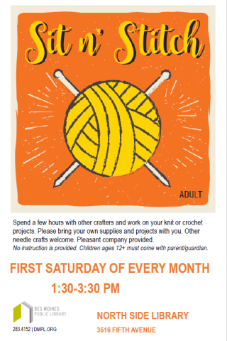 Sit n' Stitch First Saturday of the Month 1:30 to 3:30 pm North Side Library