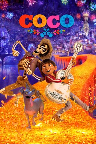 Coco movie poster. Miguel plays the guitar and sings with Hector.