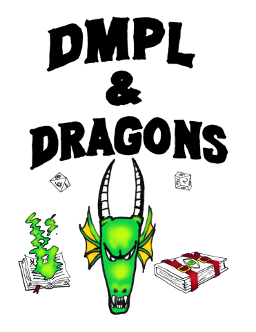 DMPL & Dragons logo with d8, d10, two spellbooks and a dragon
