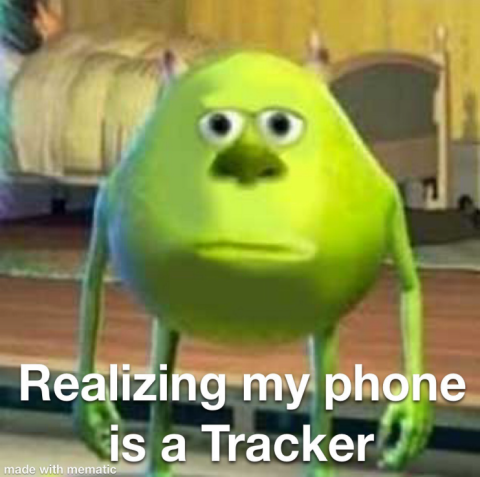 disgruntled Mike Wazowski with the caption "Realizing my phone is a Tracker"