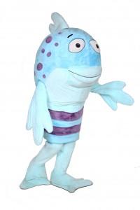 large blue fish costumed character