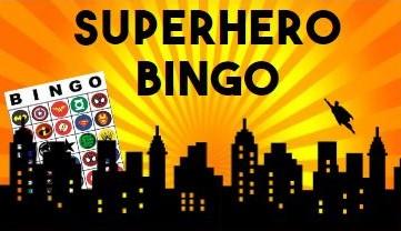 Bingo card and cityscape with the words "Superhero Bingo"