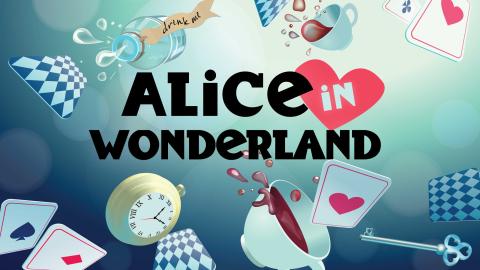 Text that reads "Alice in Wonderland" surrounded by items from the book