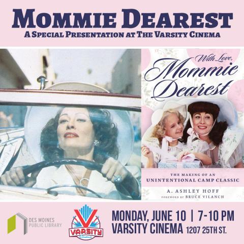 Movie still from Mommie Dearest with Faye Dunaway as Joan Crawford driving a convertible and the book cover for With Love Mommie Dearest 