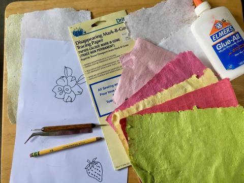 Chigiri-e tools, including glue, paper, tissue paper, and pencils