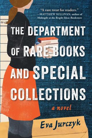 Book cover of The Department of Rare Books and Special Collections with a woman carrying a stack of books.